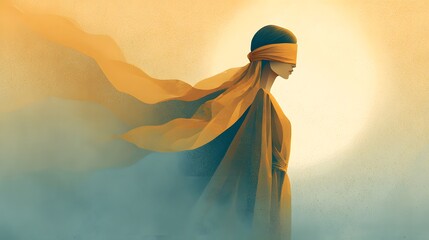 Surreal Vector Illustration of a Mysterious Blindfolded Lady in a Soft Scarf, Emanating Emotional Balance, Trust, and Inner Strength