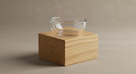 Glass bowl atop wood cube