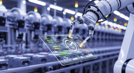 Industrial robotic arm operating transparent holographic display in smart factory