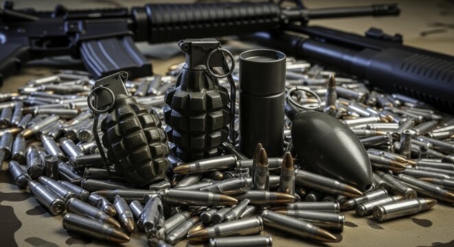 Military ammunition pile with hand grenades and rifles on camouflage surface