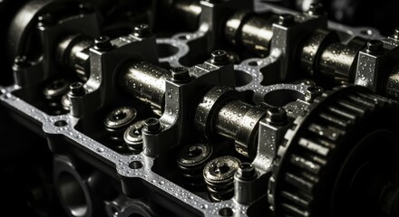 Fototapeta premium Close up view of a modern car engine cylinder head with water droplets on metal components