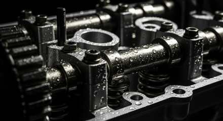 Naklejka premium Close up of a wet engine cylinder head with intricate mechanical components