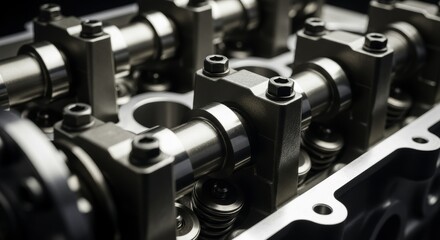 Fototapeta premium Close up view of a modern car engine cylinder head with valve train components