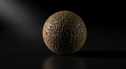 Deeply pitted and heavily rusted metal sphere with intricate surface texture