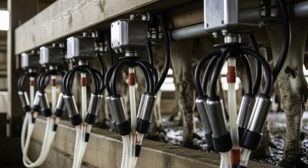 Fototapeta premium Automated milking clusters in a modern dairy farm barn with cows