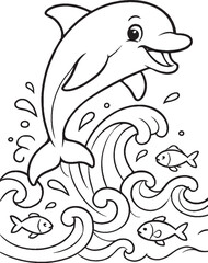 Jumping Dolphin Coloring Page — Ocean Waves and Fish Line Art for Kids