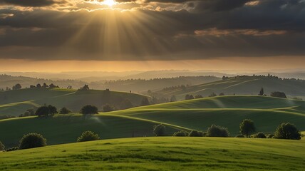 Warm Golden Sun Rays Breaking Through Cloudy Sky