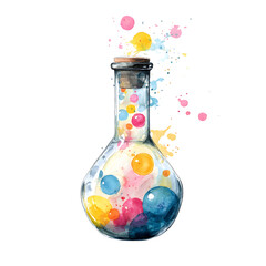 Watercolor illustration of a glass flask filled with colorful liquid bubbles and splashes isolated on transparent background