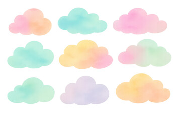 Nine pastel-colored clouds floating against a transparent background, creating a dreamy and whimsical atmosphere