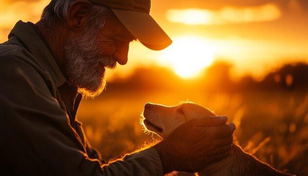 A man lovingly embraces his dog during a golden sunset, sharing a tender moment of companionship and warmth.