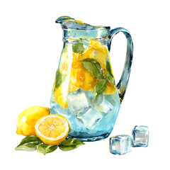 Refreshing watercolor pitcher of lemonade with lemons ice and mint leaves isolated on transparent background