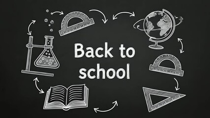 Back to school blackboard animation: rotating school symbols and inscription create a dynamic educational background, perfect for learning content and academic promotions.