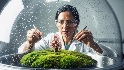 Female scientist wearing lab coat and safety glasses carefully examines a plant sample inside a controlled environment, using tweezers for precise manipulation