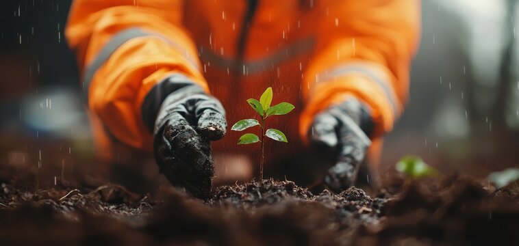 A person wearing orange gloves carefully nurtures a small green seedling in wet soil during rainfall.