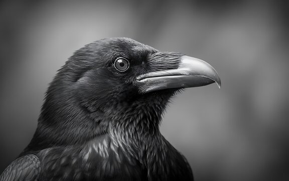 Detailed close up portrait of a raven s head and eye in black and white