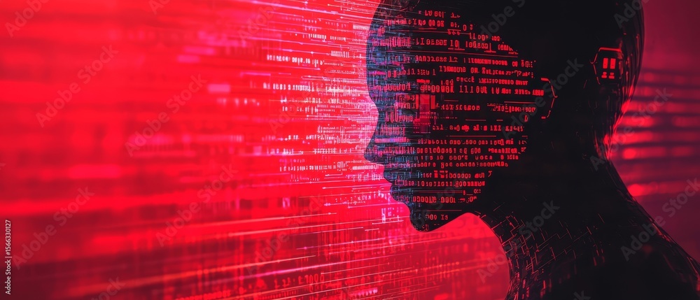 Poster a digital human silhouette composed of red code streams against a red background, symbolizing artifi