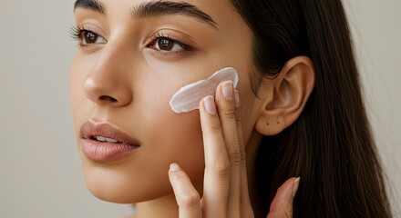 Applying skincare cream on beautiful smooth face