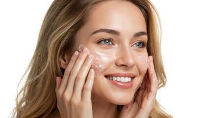 Fototapeta premium Woman massages radiant face cream enhancing beauty