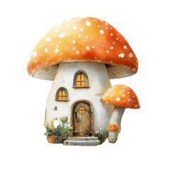 Whimsical watercolor mushroom house with glowing windows and door isolated on transparent background