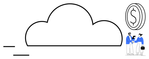 Cloud outline with two professionals shaking hands near a dollar coin. Ideal for business, finance, cloud services, technology, partnerships, data security, economic growth. Simple flat metaphor