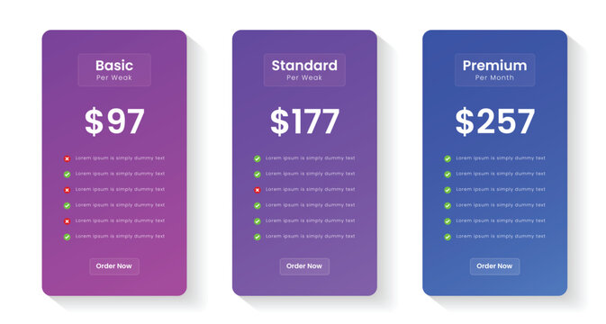 Pricing plans table, pricing chart, price list for web or app. Ui UX pricing design tables with tariffs. Product comparison business web plans. Subscription features checklist and business plans.