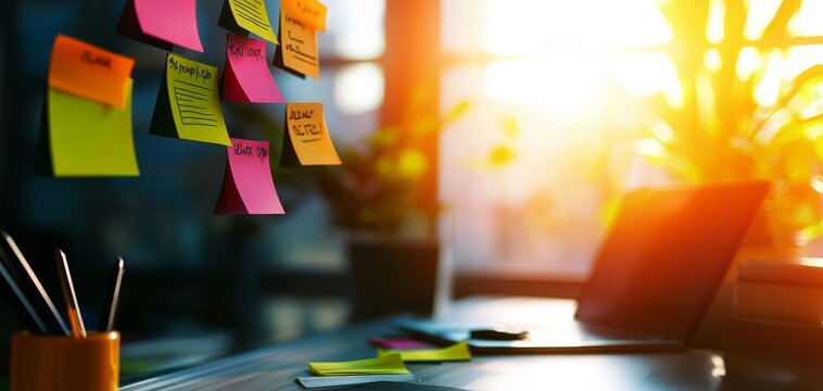 A bright workspace with sticky notes on a glass wall, a laptop, and sunlight streaming through a window, creating an inspiring and productive environment.