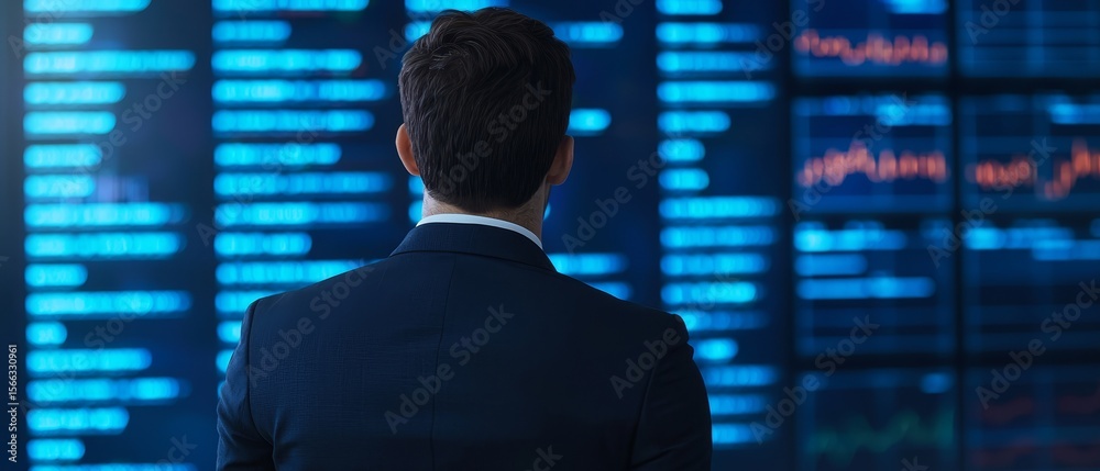 Poster a man in a suit views multiple digital screens displaying data and information in a high-tech, futur