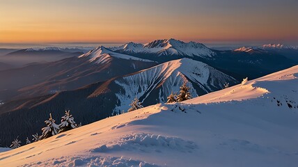 Golden Sunrise Illuminating Snow Covered Mountain Peaks