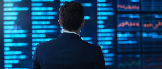 A man in a suit views multiple digital screens displaying data and information in a high-tech, futuristic environment.