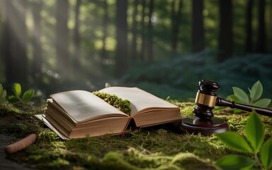 Open book and gavel resting on mossy ground in a sunlit forest