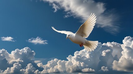 White Dove Flying Over Soft Blue Sky with Clouds