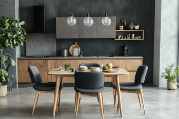 high detail visual of Grey kitchen interior with table and chairs on concrete floor mockup frame high detail