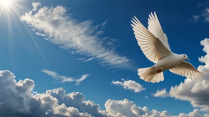 White Dove in Flight Across Soft Cloudy Blue Sky