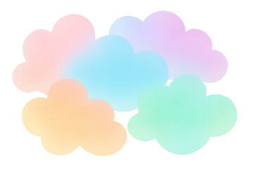 Five pastel-colored clouds float gently on a transparent background, creating a dreamy and whimsical atmosphere