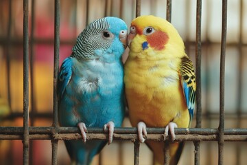 High Detail Picture of Closeup of Colorful Pretty Budgies in a Cage