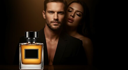 A bottle of amber liquid perfume in a clear glass bottle with a black cap