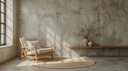 Minimalist Wabi-Sabi Living Room with Natural Light and Concrete Walls