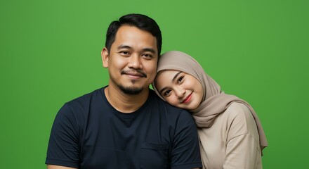 Fototapeta premium A couple embracing in front of a green background