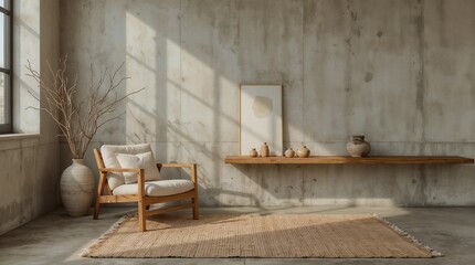 Serene Wabi-Sabi Living Space with Raw Concrete and Minimal Wooden Furniture