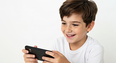 Fototapeta premium Young boy enthusiastically plays mobile game