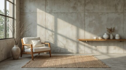 Wabi-Sabi Minimalist Interior with Concrete Walls and Natural Fiber Rug