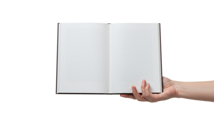 Hand holding open blank book white page mockup isolated on a transparent background
