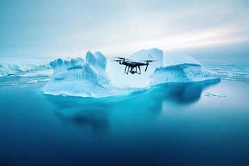 ultra quality picture of drone with a camera is flying on iceberg