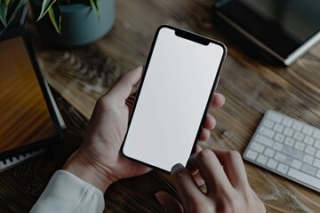 High Quality Picture of Closeup Hands Using Smartphone Mockup at the Office Desk