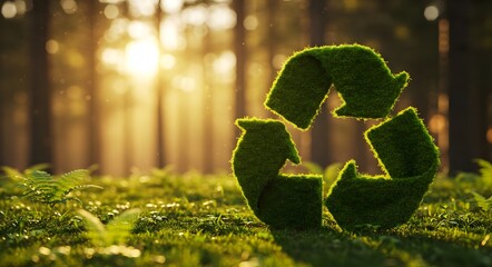 Green Recycle Symbol in Lush Forest. Environmental Concept, Environmental Protection and Conservation Symbol, Eco-Friendly Message