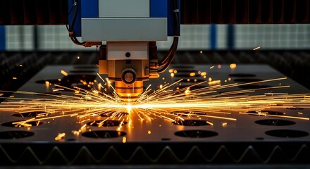 Industrial Metal Fabrication by CNC Laser Technology, Automated Laser Cutter with Intense Molten Metal Sparks