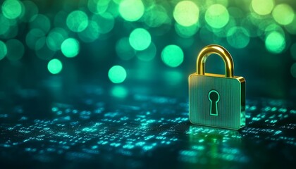 A golden padlock stands on digital code with green bokeh lights in the background, symbolizing cybersecurity and data protection.