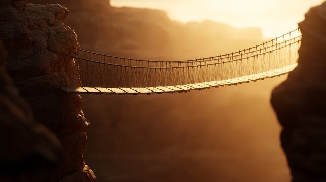 A narrow suspension bridge stretches between two rocky cliffs, bathed in warm golden sunlight at sunset.
