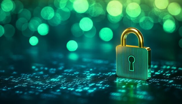 A golden padlock stands on digital code with green bokeh lights in the background, symbolizing cybersecurity and data protection.
