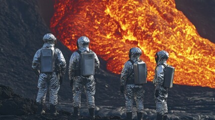 Astronauts observing volcanic eruption